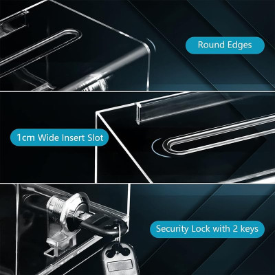Donation Box with Lock and Key, Acrylic Suggestion Box with Slot and Sign Holder for Fundraising, Voting, Raffle, Tip Jar – Clear – 3 Pack – 15.7 × 11.7 × 10.2