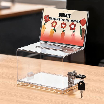 Donation Box with Lock and Key, Acrylic Suggestion Box with Slot and Sign Holder for Fundraising, Voting, Raffle, Tip Jar – Clear – 1 Pack – 15.7 × 11.7 × 10.2
