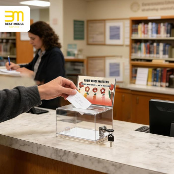 Donation Box with Lock and Key, Acrylic Suggestion Box with Slot and Sign Holder for Fundraising, Voting, Raffle, Tip Jar – Clear – 1 Pack – 15.7 × 11.7 × 10.2