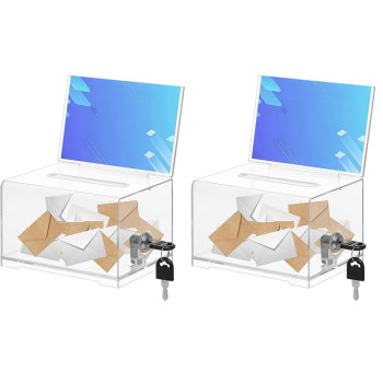 Donation Box with Lock and Key, Acrylic Suggestion Box with Slot and Sign Holder for Fundraising, Voting, Raffle, Tip Jar – Clear – 2 Pack – 15.5 × 10.9 × 9.7