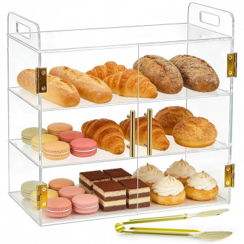 3-Tier Acrylic Countertop Bakery Display Case with Auto-Close Spring Door & Handle, Clear Food Pastry Case for Bread, 49.5 x 26 x 43 cm, Clear