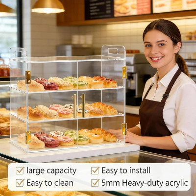 3-Tier Acrylic Countertop Bakery Display Case with Auto-Close Spring Door & Handle, Clear Food Pastry Case for Bread, 49.5 x 26 x 43 cm, Clear
