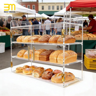 3-Tier Acrylic Countertop Bakery Display Case with Auto-Close Spring Door & Handle, Clear Food Pastry Case for Bread, 49.5 x 26 x 43 cm, Clear
