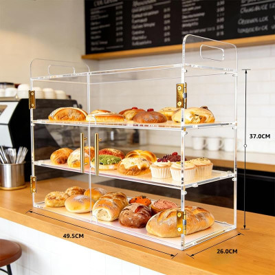 3-Tier Acrylic Countertop Bakery Display Case with Auto-Close Spring Door & Handle, Clear Food Pastry Case for Bread, 49.5 x 26 x 43 cm, Clear