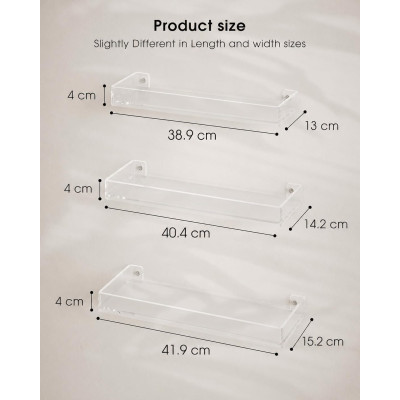 Acrylic Floating Shelves with Edge, Wall Mounted Display Shelves for Bathroom, Bedroom and Kitchen Storage, 3-Pack Clear