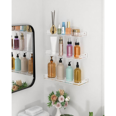 Acrylic Floating Shelves with Edge, Wall Mounted Display Shelves for Bathroom, Bedroom and Kitchen Storage, 3-Pack Clear