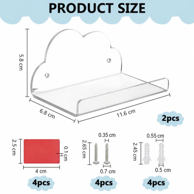 Acrylic Cloud Floating Shelves, Wall Display Shelf for Camera, Lamp, Bathroom, Kitchen and Home Decor, 4-Pack Clear, 11.4 x 6.6 cm