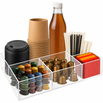 Acrylic Coffee Bar Organizer, Countertop Condiment Station for Cups, Sugar, Creamer, Syrup and Coffee Accessories, Medium