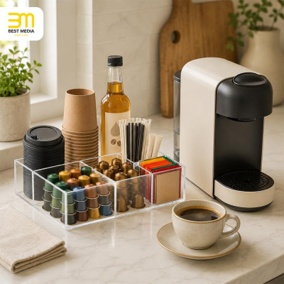 Acrylic Coffee Bar Organizer, Countertop Condiment Station for Cups, Sugar, Creamer, Syrup and Coffee Accessories, Medium
