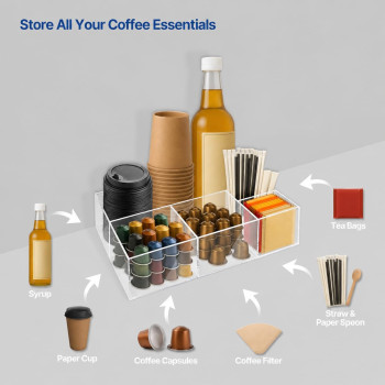 Acrylic Coffee Bar Organizer, Countertop Condiment Station for Cups, Sugar, Creamer, Syrup and Coffee Accessories, Medium