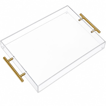 Clear Acrylic Serving Tray with Golden Handles, Large Capacity Tray for Coffee, Juice, Kitchen, Desk Organizer and Storage Use, 30.48 x 40.64 cm