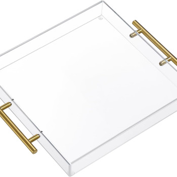 Clear Acrylic Serving Tray with Golden Handles, Large Capacity Tray for Coffee, Juice, Kitchen, Desk Organizer and Storage Use, 30.48 x 30.48 cm