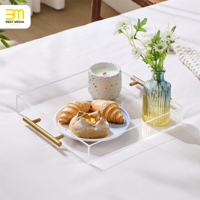 Clear Acrylic Serving Tray with Golden Handles, Large Capacity Tray for Coffee, Juice, Kitchen, Desk Organizer and Storage Use, 30.48 x 30.48 cm