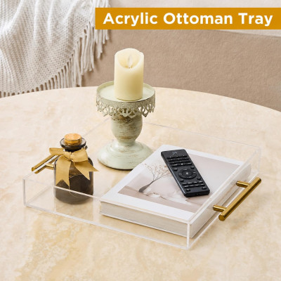 Clear Acrylic Serving Tray with Golden Handles, Large Capacity Tray for Coffee, Juice, Kitchen, Desk Organizer and Storage Use, 30.48 x 30.48 cm