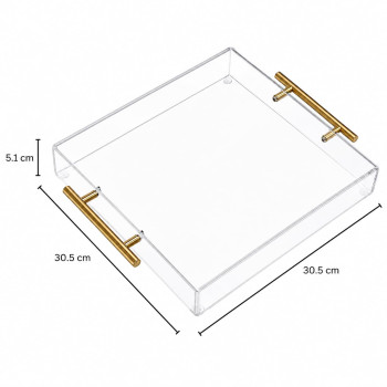 Clear Acrylic Serving Tray with Golden Handles, Large Capacity Tray for Coffee, Juice, Kitchen, Desk Organizer and Storage Use, 30.48 x 30.48 cm