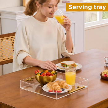 Clear Acrylic Serving Tray with Golden Handles, Large Capacity Tray for Coffee, Juice, Kitchen, Desk Organizer and Storage Use, 30.48 x 30.48 cm