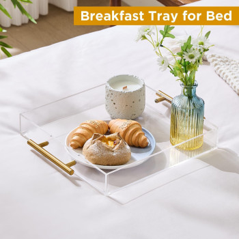 Clear Acrylic Serving Tray with Golden Handles, Large Capacity Tray for Coffee, Juice, Kitchen, Desk Organizer and Storage Use, 30.48 x 30.48 cm