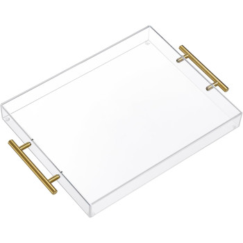 Clear Acrylic Serving Tray with Golden Handles, Large Capacity Tray for Coffee, Juice, Kitchen, Desk Organizer and Storage Use, 27.94 x 35.56 cm
