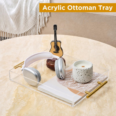 Clear Acrylic Serving Tray with Golden Handles, Large Capacity Tray for Coffee, Juice, Kitchen, Desk Organizer and Storage Use, 27.94 x 35.56 cm