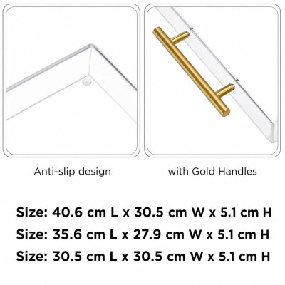 Clear Acrylic Serving Tray with Golden Handles, Large Capacity Tray for Coffee, Juice, Kitchen, Desk Organizer and Storage Use, 27.94 x 35.56 cm