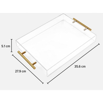 Clear Acrylic Serving Tray with Golden Handles, Large Capacity Tray for Coffee, Juice, Kitchen, Desk Organizer and Storage Use, 27.94 x 35.56 cm