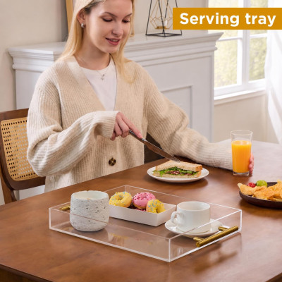 Clear Acrylic Serving Tray with Golden Handles, Large Capacity Tray for Coffee, Juice, Kitchen, Desk Organizer and Storage Use, 27.94 x 35.56 cm