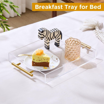 Clear Acrylic Serving Tray with Golden Handles, Large Capacity Tray for Coffee, Juice, Kitchen, Desk Organizer and Storage Use, 27.94 x 35.56 cm