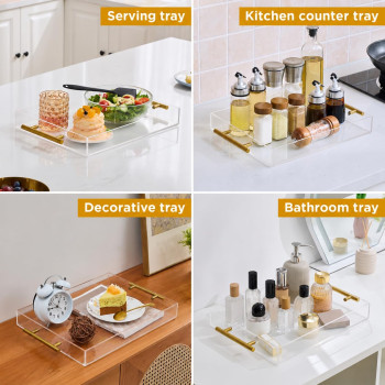 Clear Acrylic Serving Tray with Golden Handles, Large Capacity Tray for Coffee, Juice, Kitchen, Desk Organizer and Storage Use, 27.94 x 35.56 cm