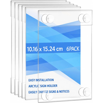 Acrylic Window Sign Holder, Clear Glass Window Wall Mount Frame with 4 Suction Cups for Store Office Restaurant Advertising Signage, 10.2 x 15.2 cm, 6 Pack