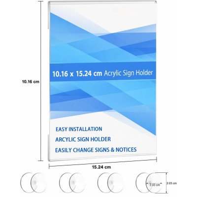 Acrylic Window Sign Holder, Clear Glass Window Wall Mount Frame with 4 Suction Cups for Store Office Restaurant Advertising Signage, 10.2 x 15.2 cm, 6 Pack