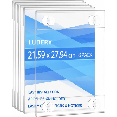 Acrylic Window Sign Holder, Clear Glass Window Wall Mount Frame with 4 Suction Cups for Store Office Restaurant Advertising Signage, 21.6 x 27.9 cm, 6 Pack