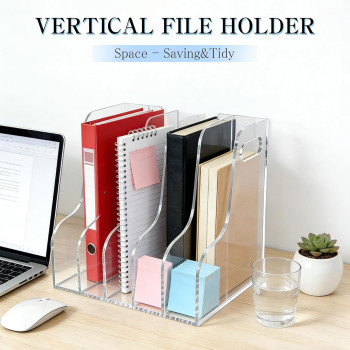 Clear Acrylic File Holder, Vertical Document Organizer for Magazines Binders Notebooks and Envelopes, Home Office Desk Storage, A4, 5 Sections