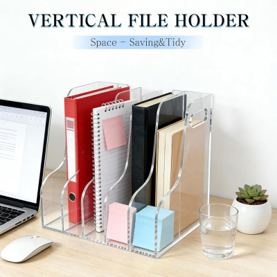 Clear Acrylic File Holder, Vertical Document Organizer for Magazines Binders Notebooks and Envelopes, Home Office Desk Storage, A4, 5 Sections