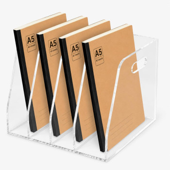 Clear Acrylic File Holder, Vertical Document Organizer for Magazines Binders Notebooks and Envelopes, Home Office Desk Storage, B5, 4 Sections