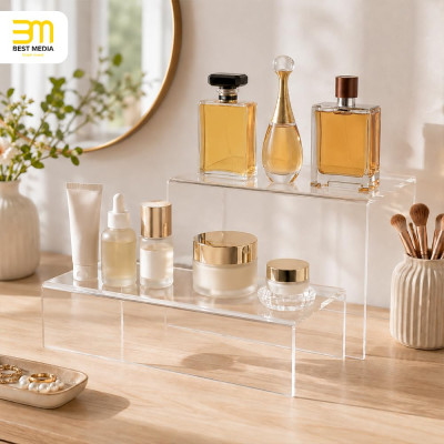 Acrylic Shelf Riser 20.3 x 14 x 12.7 cm pack of 2, Countertop Acrylic Display Storage Organizer for collectible figures Figure, Cosmetics, Bags, Shoes, Toys, Collectibles
