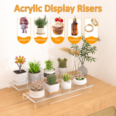 Acrylic Shelf Riser 30.5 x 10.9 x 2.5 cm pack of 2, Clear Display Shelf 30.5 cm for Shoes, Glasses, Plants, Home Decors, Perfume, 30.5 x 9.9 x 2.5 cm