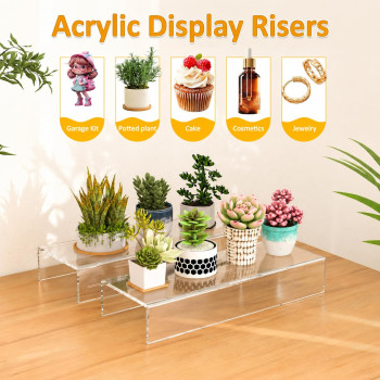 Acrylic Shelf Riser 30.5 x 10.9 x 5.1 cm pack of 2, Clear Display Shelf 30.5 cm for Shoes, Glasses, Plants, Home Decors, Perfume, 30.5 x 10.9 x 5.1 cm