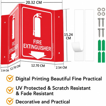 Fire Extinguisher Sign, Fire Extinguisher with Down Arrow, 5 Pack 15.2 x 20.3 cm V, Shaped Acrylic Plastic, 4 Pre, Drilled Holes, Includes Matching Screws, Use for Home Office, Business