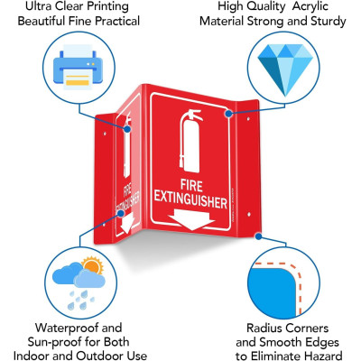 Fire Extinguisher Sign, Fire Extinguisher with Down Arrow, 5 Pack 15.2 x 20.3 cm V, Shaped Acrylic Plastic, 4 Pre, Drilled Holes, Includes Matching Screws, Use for Home Office, Business