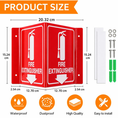 Fire Extinguisher Sign, 20.3 x 15.2 cm, Projecting Safety Marker with Down Arrow, Two Sided Acrylic V Shape, Including Screws, Home Office Business Use, 8 Pack