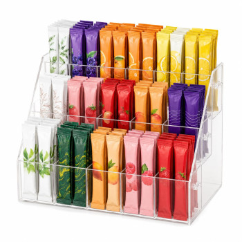 Drink Packet Organizer with 15 Compartments,3 tier, Water Packet Organizer for Water Flavor Drink Mix, Easy Setup Acrylic Sugar Packets Holder for Cabinet Kitchen Storage Organization