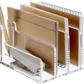 Acrylic Mail Organizer, 5 Compartments File Holder for Desk, Letter Sorter with Pen Holder, Desk Organizers and Accessories, Clear Mail Sorter