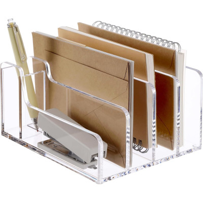 Acrylic Mail Organizer, 5 Compartments File Holder for Desk, Letter Sorter with Pen Holder, Desk Organizers and Accessories, Clear Mail Sorter
