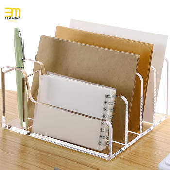 Acrylic Mail Organizer, 5 Compartments File Holder for Desk, Letter Sorter with Pen Holder, Desk Organizers and Accessories, Clear Mail Sorter