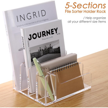 Acrylic Mail Organizer, 5 Compartments File Holder for Desk, Letter Sorter with Pen Holder, Desk Organizers and Accessories, Clear Mail Sorter