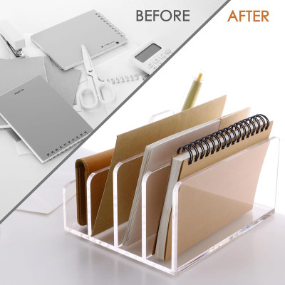 Acrylic Mail Organizer, 5 Compartments File Holder for Desk, Letter Sorter with Pen Holder, Desk Organizers and Accessories, Clear Mail Sorter