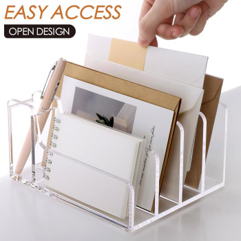 Acrylic Mail Organizer, 5 Compartments File Holder for Desk, Letter Sorter with Pen Holder, Desk Organizers and Accessories, Clear Mail Sorter