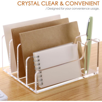 Acrylic Mail Organizer, 5 Compartments File Holder for Desk, Letter Sorter with Pen Holder, Desk Organizers and Accessories, Clear Mail Sorter