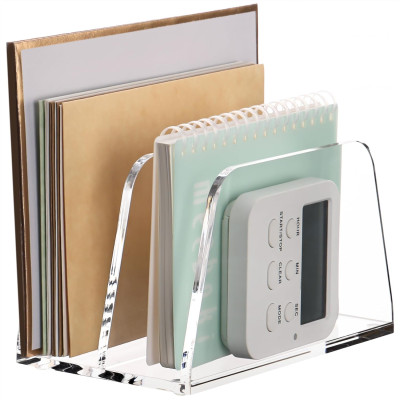 Acrylic Mail Organizer for Desk Vertical Letter Holder Clear Bookshelf 2 Slots, Small File Sorter for Bills, Envelopes, Office Supplies, Upright Binder Divider for Home Office School