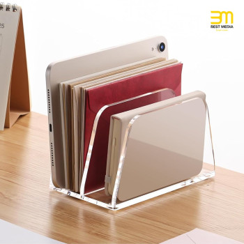 Acrylic Mail Organizer for Desk Vertical Letter Holder Clear Bookshelf 2 Slots, Small File Sorter for Bills, Envelopes, Office Supplies, Upright Binder Divider for Home Office School